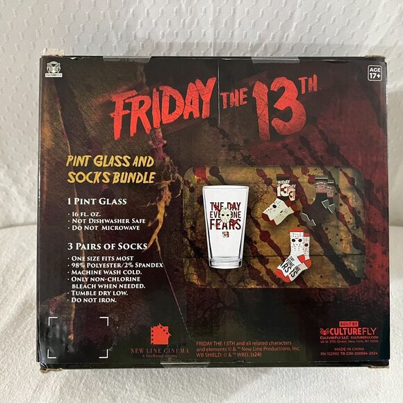 CULTUREFLY New Line Cinema FRIDAY THE 13TH Pint Glass (16 fl oz) & 3 Pack Socks - Picture 2 of 4